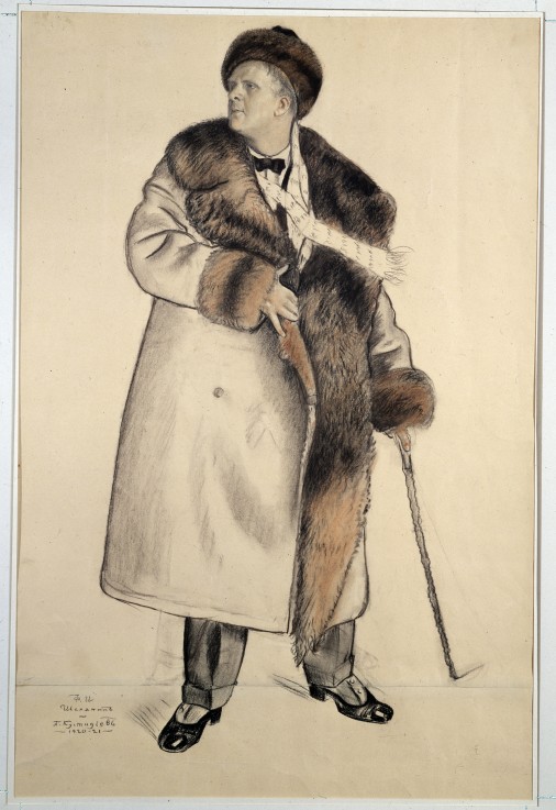 Portrait of the singer Fyodor Shalyapin (1873-1938) van Boris Michailowitsch Kustodiew