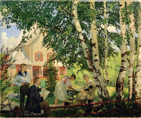 At Home, 1914-18 (oil on canvas) van Boris Mikhailovich Kustodiev