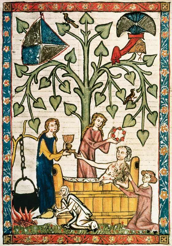 Jakob von Warte im Badezuber, von Damen umsorgt van Buchmalerei