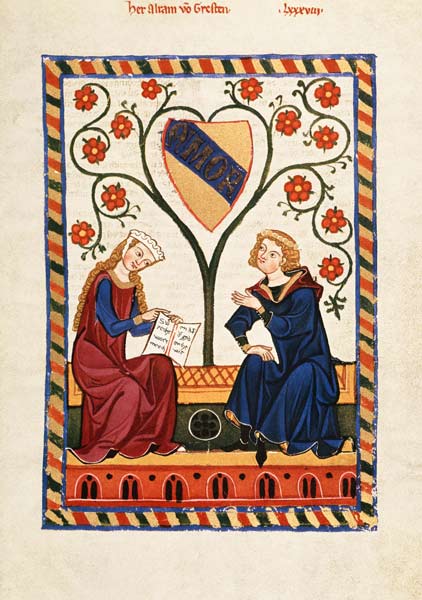Alram von Gresten mit seiner Dame auf einer Bank van Buchmalerei