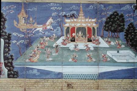 Ma 565 King Nimi in his divine chariot sent by Indra and led by the angel Matali, visits the skies a van Burmese School