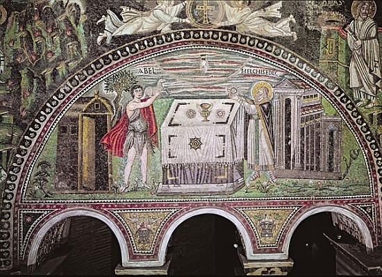 Abel offering a lamb and Melchisedech offering bread at the Altar, lunette on the South wall of the  van Byzantine School