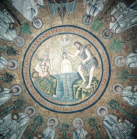 Baptism of Christ, surrounded by the Twelve Apostles van Byzantine School