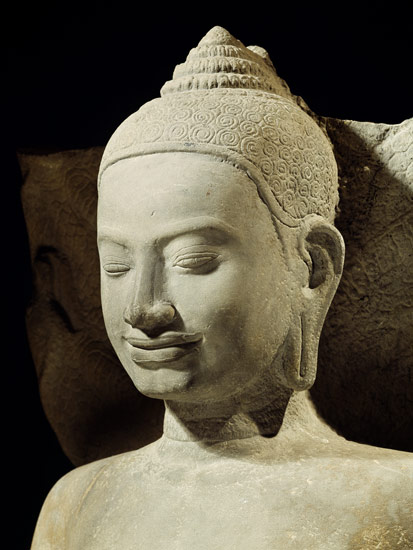 Buddha in Meditation on the Naga King, Mucilinda, detail of Buddha's head, from Preah Khan, Bayon st van Cambodian