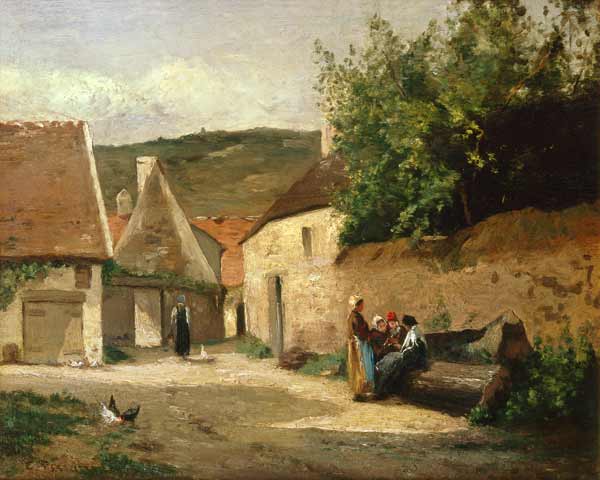 Straßenecke im Dorf van Camille Pissarro
