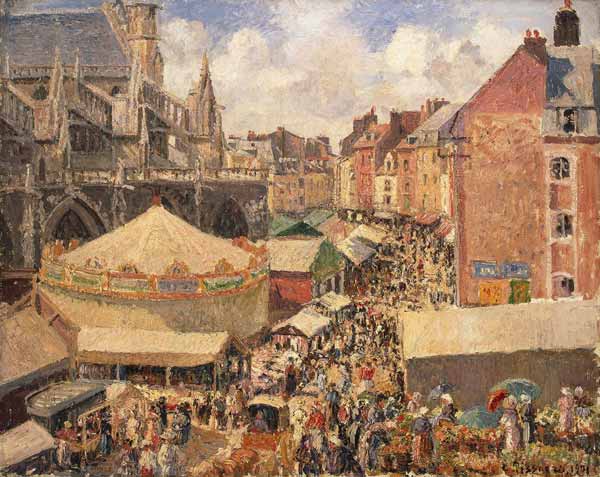 The Fair in Dieppe, Sunny Morning van Camille Pissarro