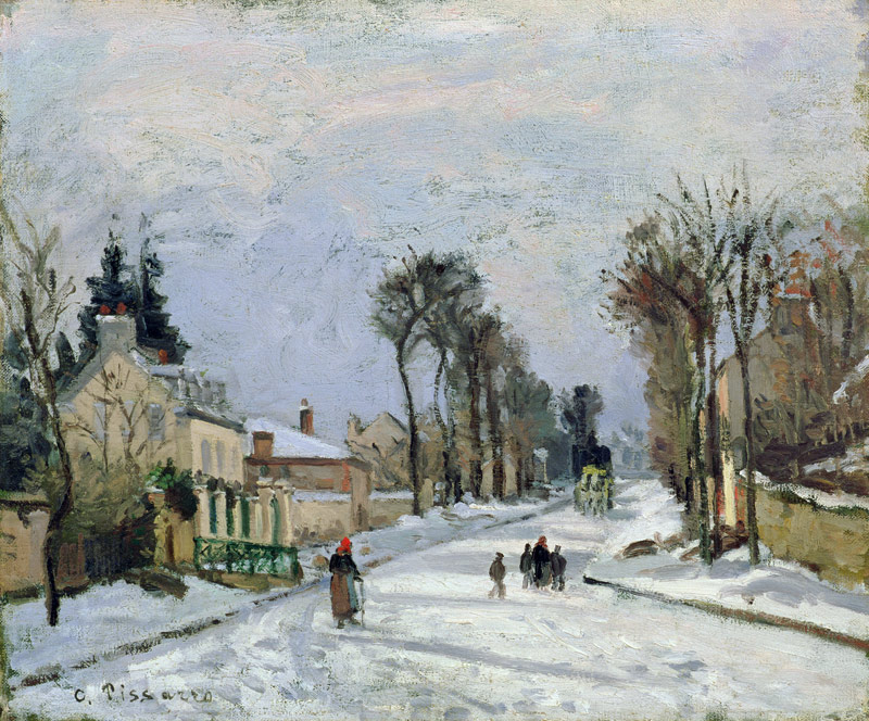 The Versailles Road at Louveciennes (Effet de Neige) van Camille Pissarro