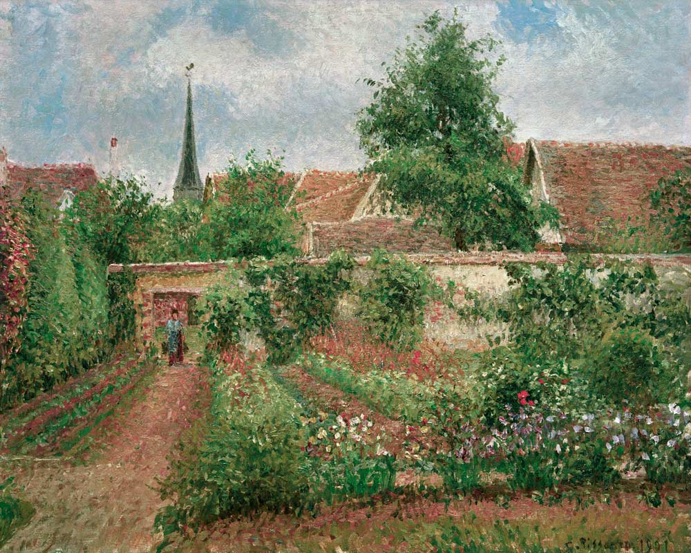 Gemüsegarten in Eragny, bedeckter Himmel, Morgen van Camille Pissarro