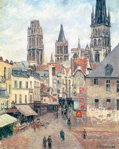 Rue de l'epicerie at Rouen, on a Grey Morning van Camille Pissarro