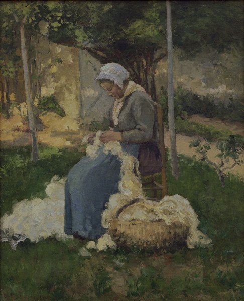 C.Pissarro, Bäuerin beim Wollezupfen van Camille Pissarro