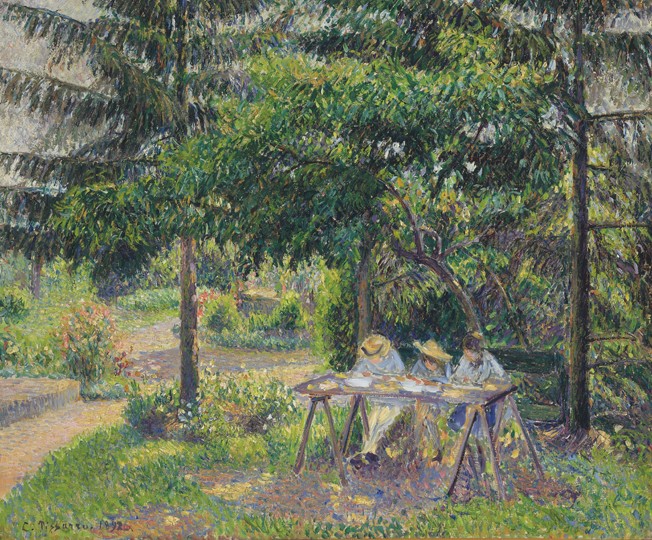 Children seated in the garden at Eragny (Enfants attablés dans le jardin à Eragny) van Camille Pissarro