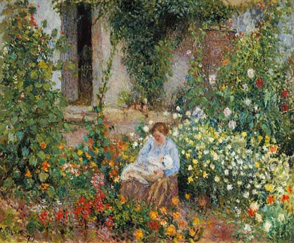 Mother and Child in the Flowers van Camille Pissarro