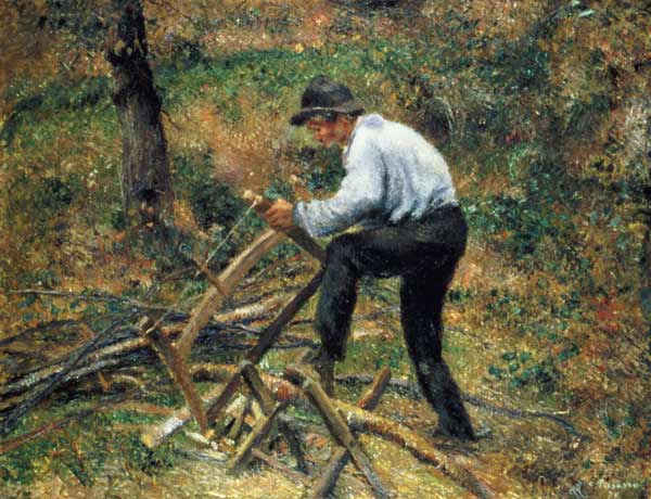 Père Melonbeim Holzsägen van Camille Pissarro