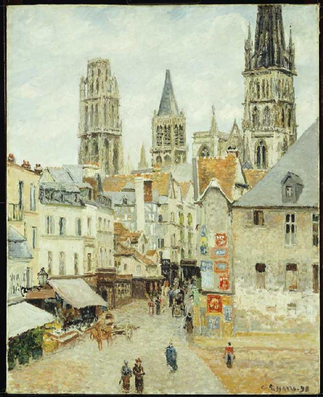 Rue de L'Epicerie in Rouen an einem bedeckten Morgen van Camille Pissarro