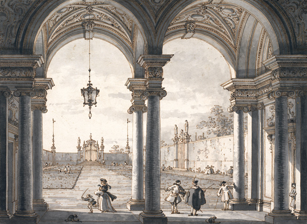 View through a Baroque Colonnade into a Garden van Giovanni Antonio Canal (Canaletto)