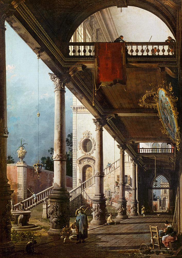 Capriccio mit Kolonade van Giovanni Antonio Canal (Canaletto)