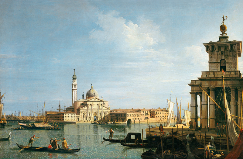 The Island of San Giorgio Maggiore, Venice, with the Punta della Dogana and numerous vessels van Giovanni Antonio Canal (Canaletto)