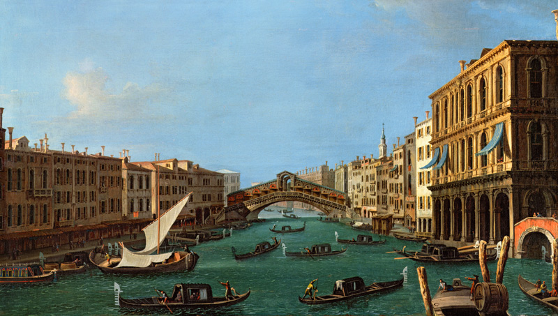 View of the Grand Canal from the South, the Palazzo Foscari to the right and the Rialto Bridge beyon van Giovanni Antonio Canal (Canaletto)