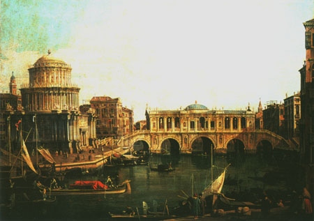 Canal Grande mit imaginärer Rialtobrücke und anderen Gebäuden van Giovanni Antonio Canal (Canaletto)