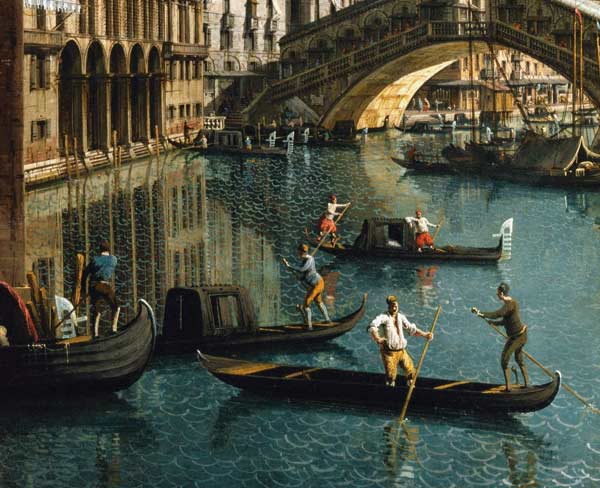 Gondoliers near the Rialto Bridge, Venice (detail of 155335) van Giovanni Antonio Canal (Canaletto)