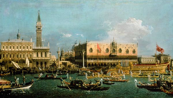 The Bucintoro at the Molo on Ascension Day van Giovanni Antonio Canal (Canaletto)