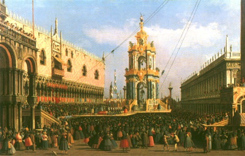 Venice the Giovedi Grasso Festival in the Piazzetta van Giovanni Antonio Canal (Canaletto)