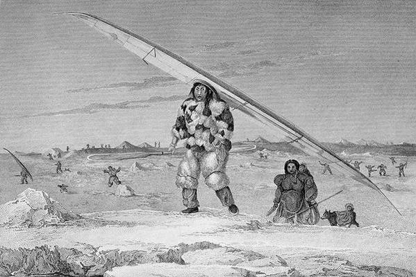 An Eskimaux of Igloolik, wearing a bird-skin jacket, carrying his canoe down to the water, van Captain George Francis Lyon