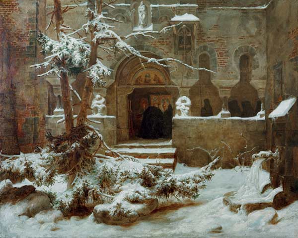 Monastery Garden in Snow van Carl Friedrich Lessing