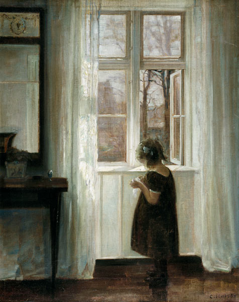 Kleines Mädchen an einem Fenster van Carl Holsoe