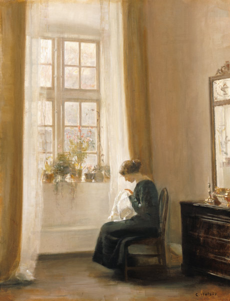 A Girl Sewing in an Interior van Carl Holsoe
