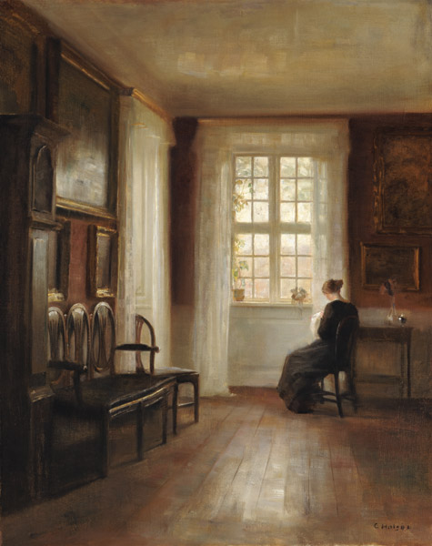 Interior with Woman Sewing (oil on canvas) van Carl Holsoe