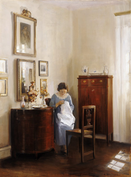Interior with Lady Sewing, c.1910 van Carl Holsoe