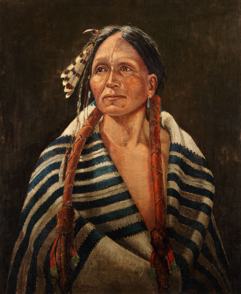 Indian with striped blanket (oil on canvas mounted on panel) van Carl Moon
