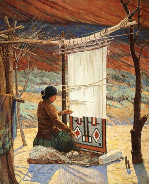 Navaho Weaver, Canyon de Chelly, Navaho Reserve (oil on canvas mounted on panel) van Carl Moon