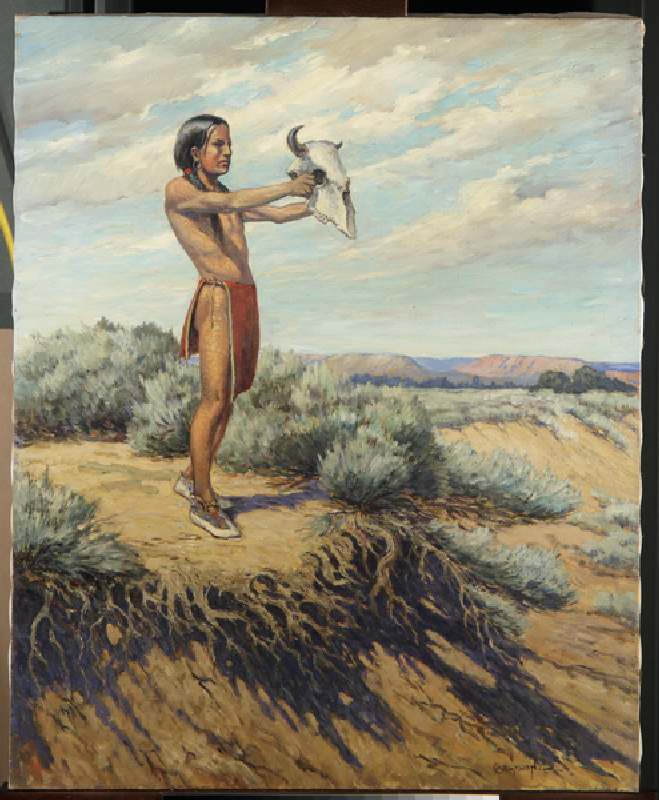 Indian boy with buffalo skull (oil on canvas) van Carl Moon