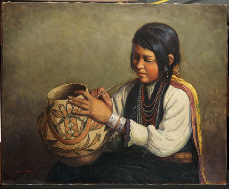 Isleta Pottery Maker, Pueblo of Isleta, New Mexico (oil on canvas) van Carl Moon