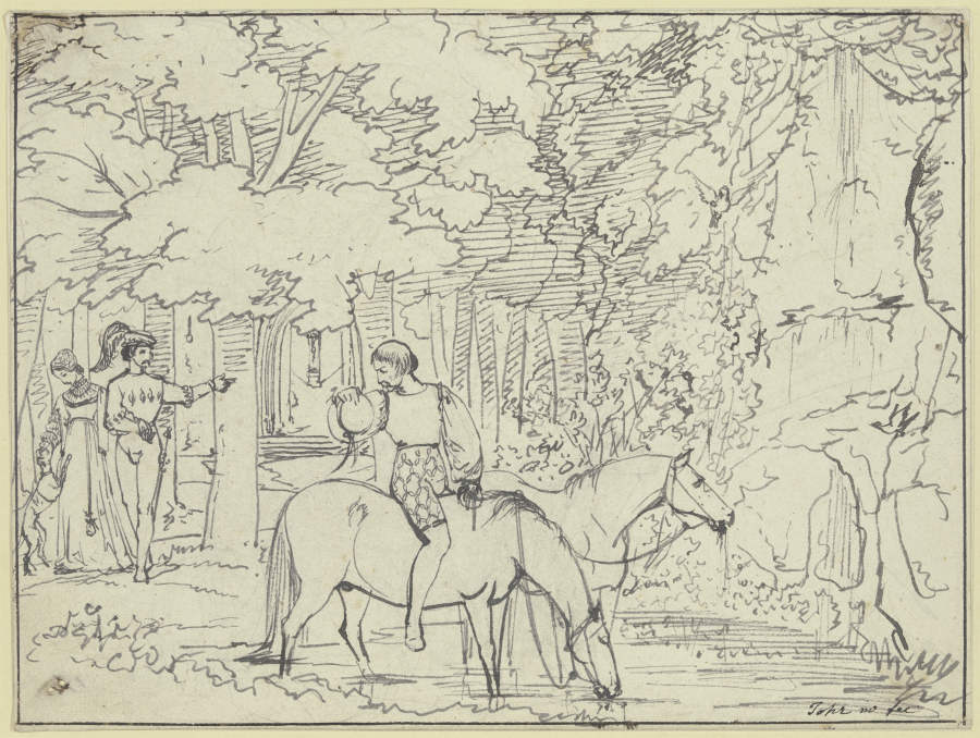 An einem Waldrand tränkt ein Reitknecht zwei Pferde van Carl Philipp Fohr