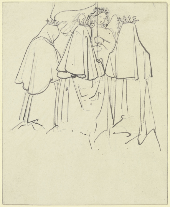 Drei gekrönte Frauen knien vor einem Engel, der eine Fahne schwingt van Carl Philipp Fohr