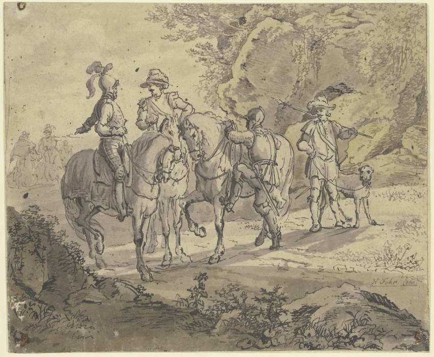 Eine Gruppe von zum Teil gerüsteten Reitern van Carl Philipp Fohr