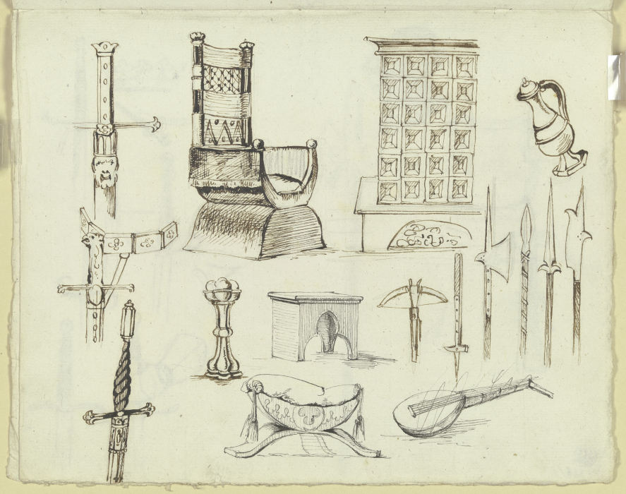 Mittelalterliche Möbelstücke, ein Kachelofen, Waffen und Gerätschaften van Carl Philipp Fohr