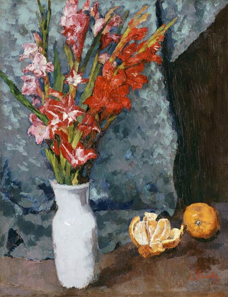 Gladiolen und Apfelsinen van Carl Schuch