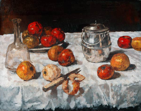Stillleben mit Äpfeln und Keksdose van Carl Schuch