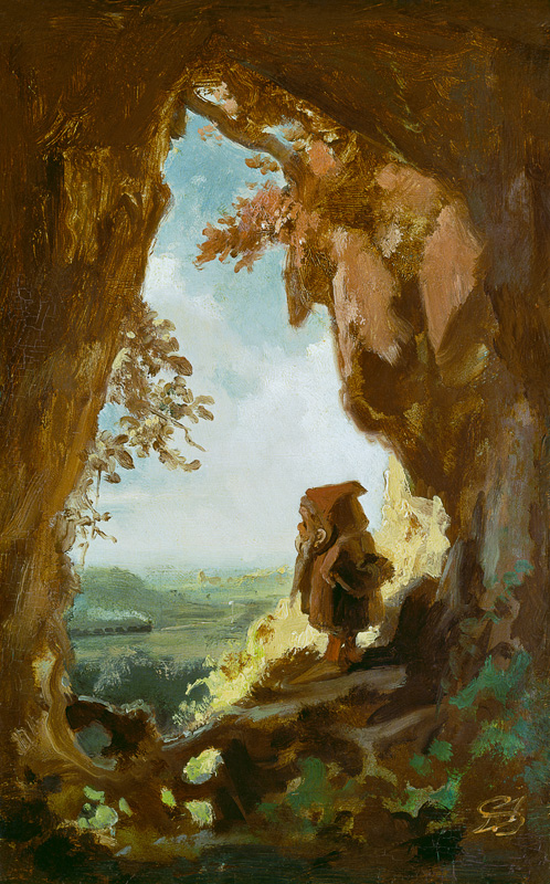 Kabouter, die vanuit een grot naar de eerste spoorweg kijkt van Carl Spitzweg