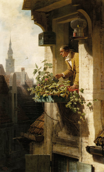 Mann beim Gießen des Blumenkastens. van Carl Spitzweg