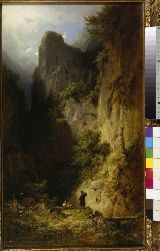 Fischender Mönch mit Kindern in einer Felsschlucht. van Carl Spitzweg