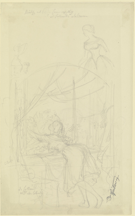 Mädchen am Fenster, einen Blumenstock umarmend, darüber Skizzen zweier Mädchen van Carl Spitzweg