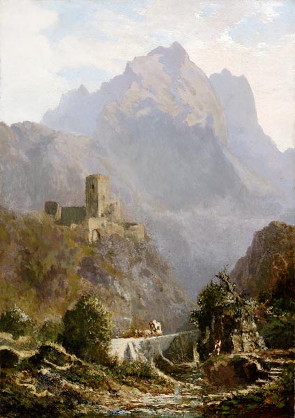Romantische Abendlandschaft in Südtirol (Post im Gebirge). van Carl Spitzweg