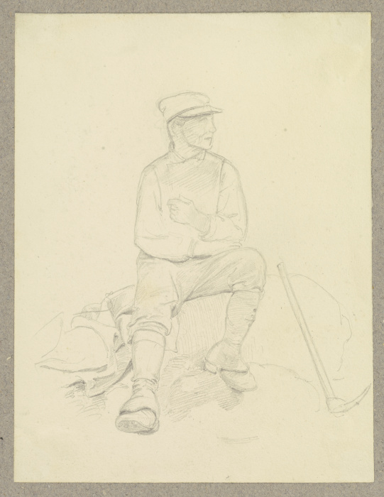 Arbeiter, auf einem Stein sitzend, neben ihm eine Spitzhacke van Carl Theodor Reiffenstein