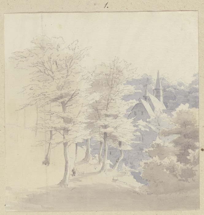 Blick durch Bäume auf das Kloster Nothgottes van Carl Theodor Reiffenstein