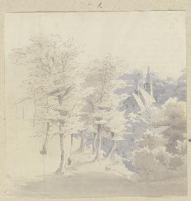 Blick durch Bäume auf das Kloster Nothgottes